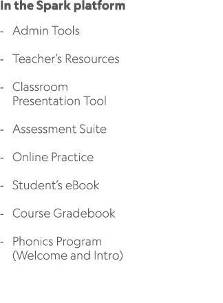 In the Spark platform Admin Tools Teacher’s Resources Classroom Presentation Tool Assessment Suite Online Practice St...