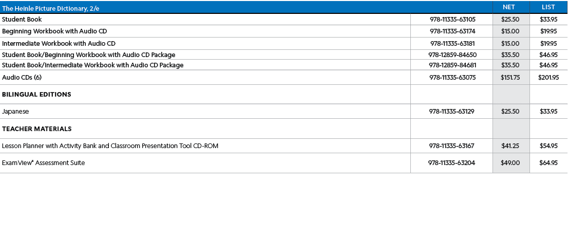 The Heinle Picture Dictionary, 2/e ,Net,List,Student Book ,978-11335-63105,$25.50,$33.95,Beginning Workbook with Audi...