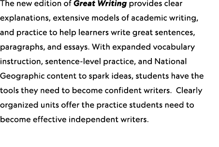 The new edition of Great Writing provides clear explanations, extensive models of academic writing, and practice to h...