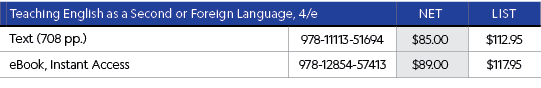 , Teaching English as a Second or Foreign Language, 4/e,Net,List,, Text (708 pp.),978-11113-51694,$85.00,$112.95,, eB...