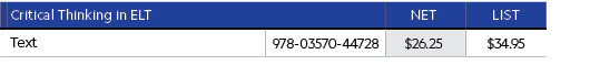 , Critical Thinking in ELT,Net,List,, Text,978-03570-44728,$26.25,$34.95