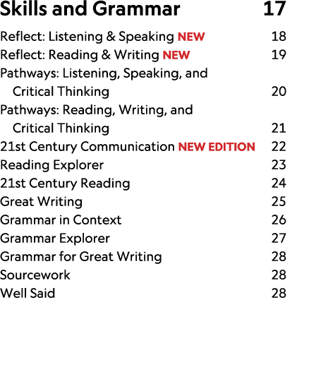 Skills and Grammar 17 Reflect: Listening & Speaking NEW 18 Reflect: Reading & Writing NEW 19 Pathways: Listening, Spe...