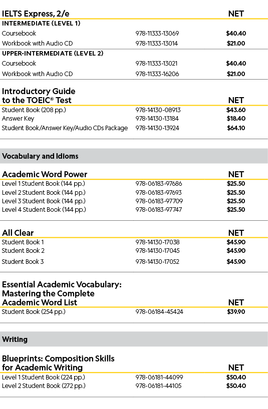 IELTS Express, 2/e  ,NET,Intermediate (Level 1),,,Coursebook,978-11333-13069,$40.40,Workbook with Audio CD,978-11333...