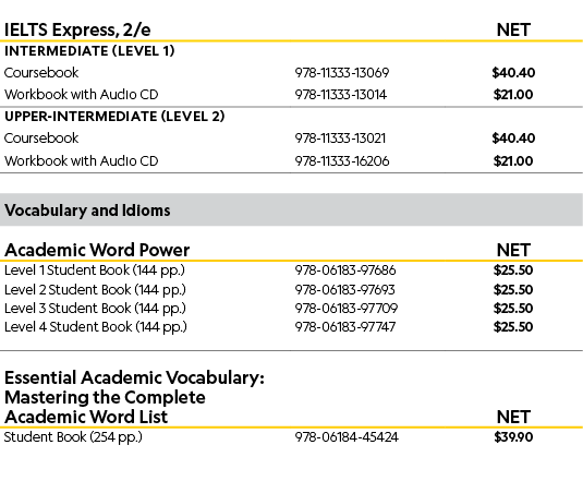 IELTS Express, 2/e ,NET,Intermediate (Level 1),,,Coursebook,978 11333 13069,$40.40,Workbook with Audio CD,978 11333 1...
