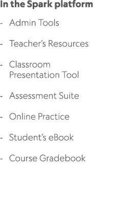 In the Spark platform Admin Tools Teacher’s Resources Classroom Presentation Tool Assessment Suite Online Practice St...