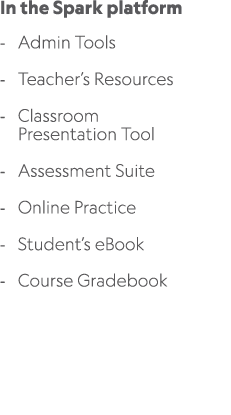 In the Spark platform Admin Tools Teacher’s Resources Classroom Presentation Tool Assessment Suite Online Practice St...