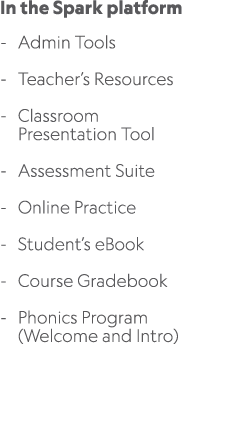 In the Spark platform Admin Tools Teacher’s Resources Classroom Presentation Tool Assessment Suite Online Practice St...