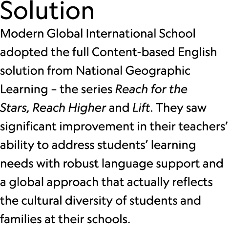 Solution Modern Global International School adopted the full Content based English solution from National Geographic ...