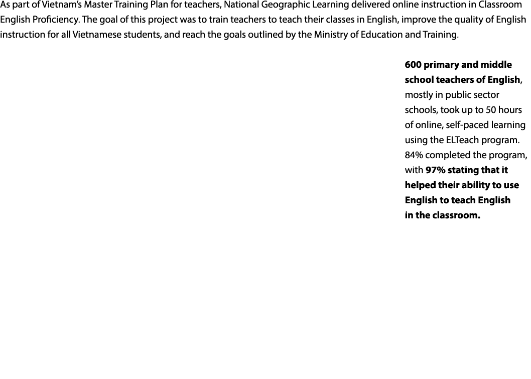 As part of Vietnam s Master Training Plan for teachers, National Geographic Learning delivered online instruction in    