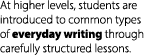 At higher levels, students are introduced to common types of everyday writing through carefully structured lessons.