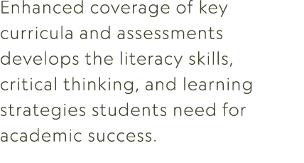 Enhanced coverage of key curricula and assessments develops the literacy skills, critical thinking, and learning stra...