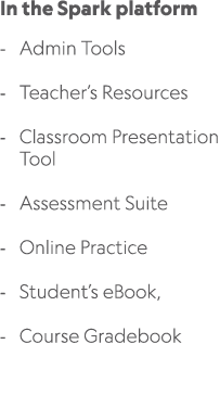 In the Spark platform Admin Tools Teacher’s Resources Classroom Presentation Tool Assessment Suite Online Practice St...