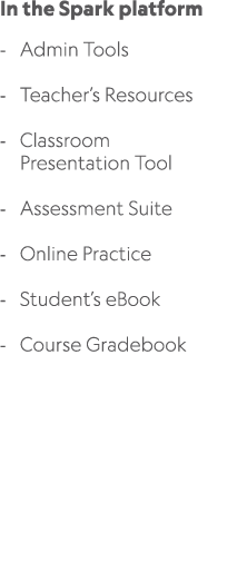 In the Spark platform Admin Tools Teacher’s Resources Classroom Presentation Tool Assessment Suite Online Practice St...