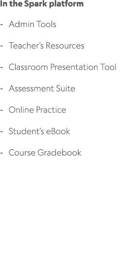 In the Spark platform Admin Tools Teacher’s Resources Classroom Presentation Tool Assessment Suite Online Practice St...