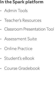 In the Spark platform Admin Tools Teacher’s Resources Classroom Presentation Tool Assessment Suite Online Practice St...