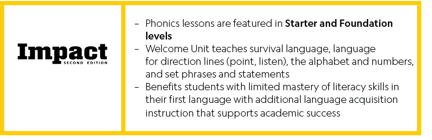 [object Rectangle], Phonics lessons are featured in Starter and Foundation levels Welcome Unit teaches survival langu...