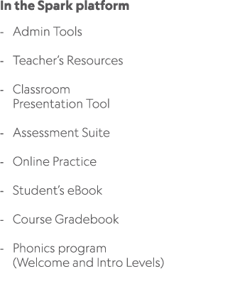 In the Spark platform Admin Tools Teacher’s Resources Classroom Presentation Tool Assessment Suite Online Practice St...