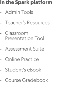 In the Spark platform Admin Tools Teacher’s Resources Classroom Presentation Tool Assessment Suite Online Practice St...