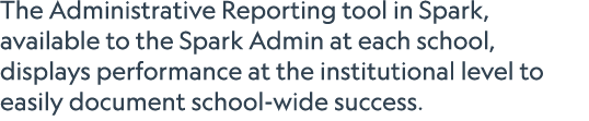 The Administrative Reporting tool in Spark, available to the Spark Admin at each school, displays performance at the ...