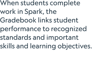 When students complete work in Spark, the Gradebook links student performance to recognized standards and important s...