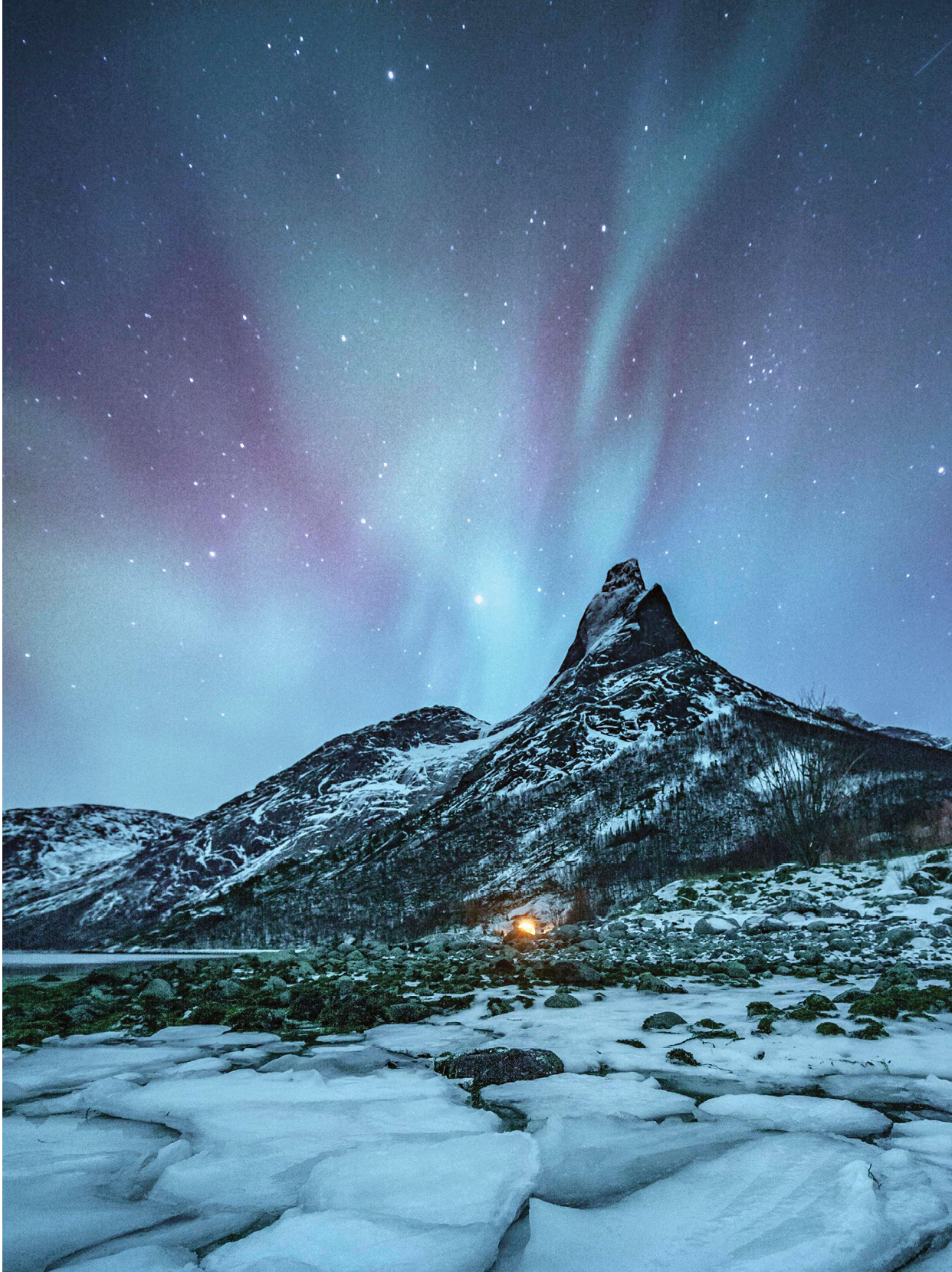 2D7PW6N Mountain peak (Aurora borealis) Stetind, arctic winter landscape, night view, starry sky, northern lights Northern Lights, , in front ice floes
