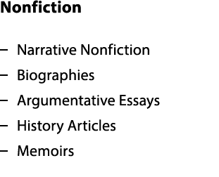 Nonfiction – Narrative Nonfiction – Biographies – Argumentative Essays – History Articles – Memoirs 