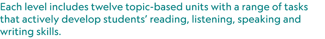 Each level includes twelve topic based units with a range of tasks that actively develop students’ reading, listening...