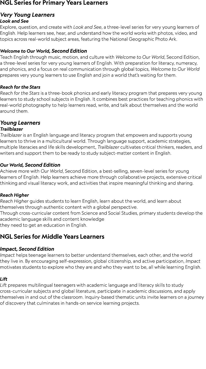 NGL Series for Primary Years Learners Very Young Learners Look and See Explore, question, and create with Look and Se...