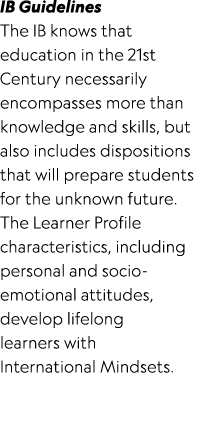 IB Guidelines The IB knows that education in the 21st Century necessarily encompasses more than knowledge and skills,...