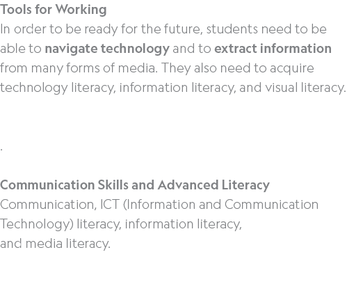 Tools for Working In order to be ready for the future, students need to be able to navigate technology and to extract...