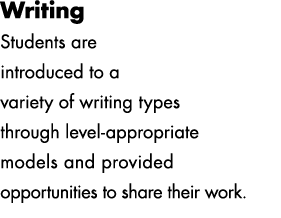 Writing Students are introduced to a variety of writing types through level appropriate models and provided opportuni...