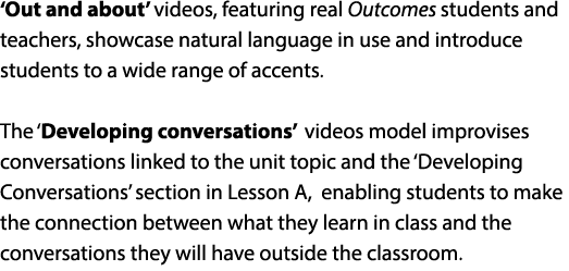 ‘Out and about’ videos, featuring real Outcomes students and teachers, showcase natural language in use and introduce...