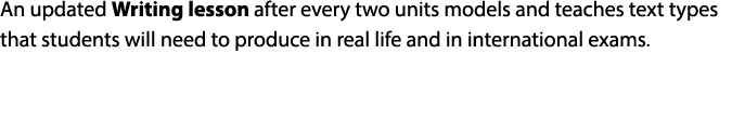 An updated Writing lesson after every two units models and teaches text types that students will need to produce in r...