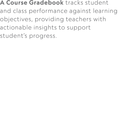 A Course Gradebook tracks student and class performance against learning objectives, providing teachers with actionab...