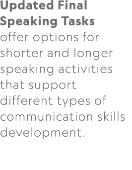 Updated Final Speaking Tasks offer options for shorter and longer speaking activities that support different types of...