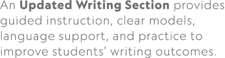 An Updated Writing Section provides guided instruction, clear models, language support, and practice to improve stude...