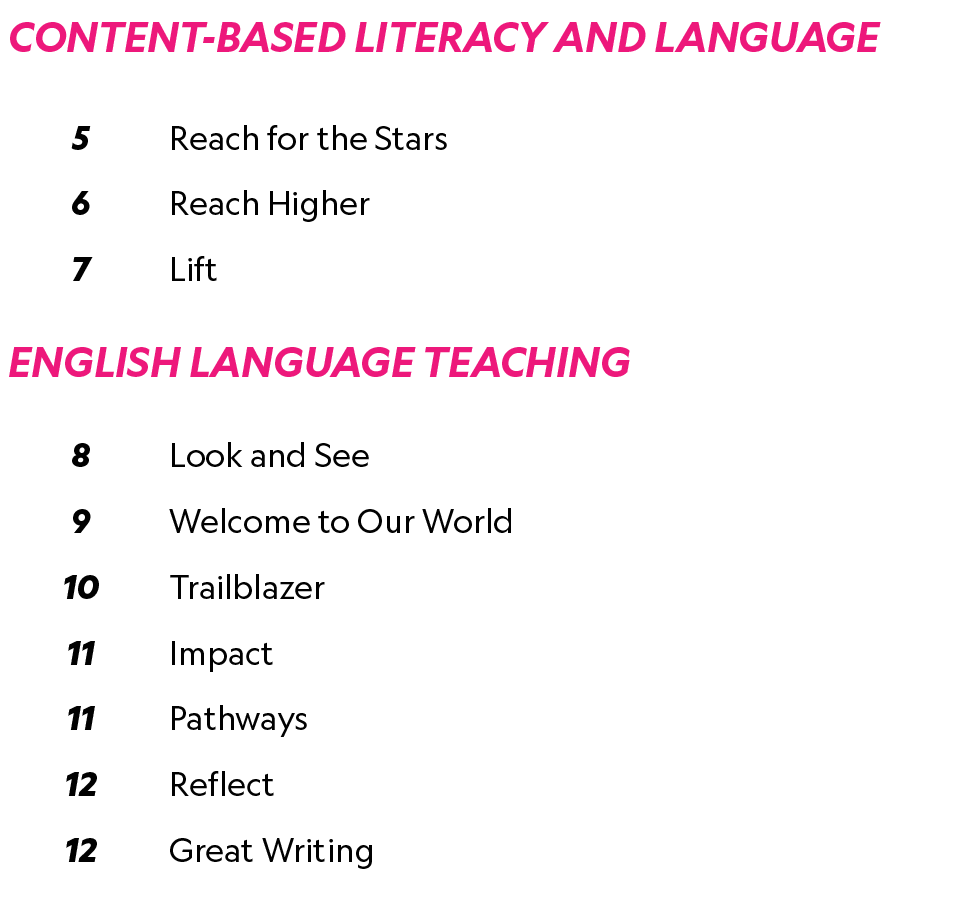 CONTENT BASED LITERACY AND LANGUAGE,,,5,Reach for the Stars,6,Reach Higher,7,Lift,,ENGLISH LANGUAGE TEACHING,,,8,Look...