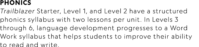 Phonics Trailblazer Starter, Level 1, and Level 2 have a structured phonics syllabus with two lessons per unit. In Le...