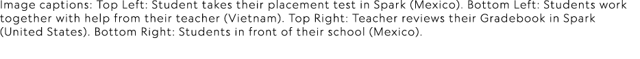 Image captions: Top Left: Student takes their placement test in Spark (Mexico). Bottom Left: Students work together w...