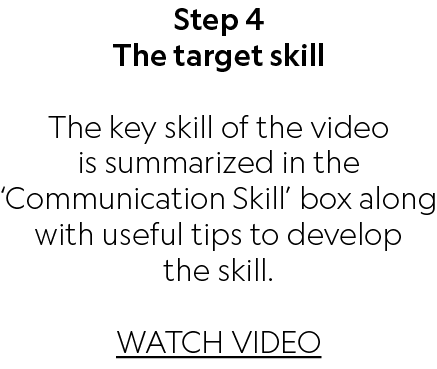 Step 4 The target skill The key skill of the video is summarized in the ‘Communication Skill’ box along with useful t...