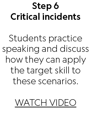 Step 6 Critical incidents Students practice speaking and discuss how they can apply the target skill to these scenari...