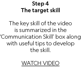 Step 4 The target skill The key skill of the video is summarized in the ‘Communication Skill’ box along with useful t...
