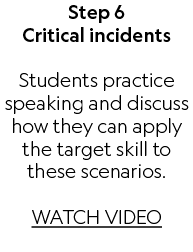 Step 6 Critical incidents Students practice speaking and discuss how they can apply the target skill to these scenari...