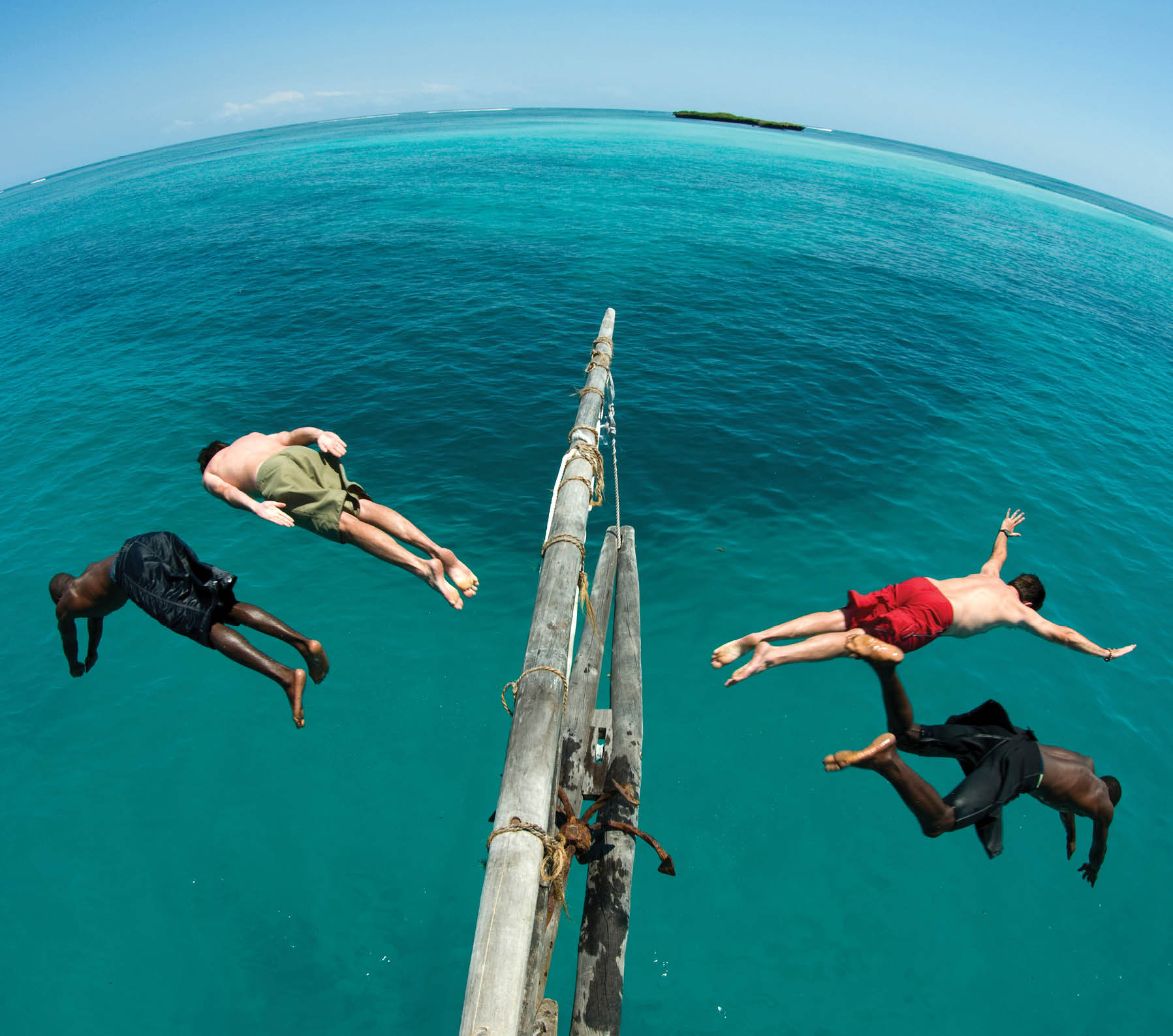 View from above of four men diving in opposite directions into the sea 