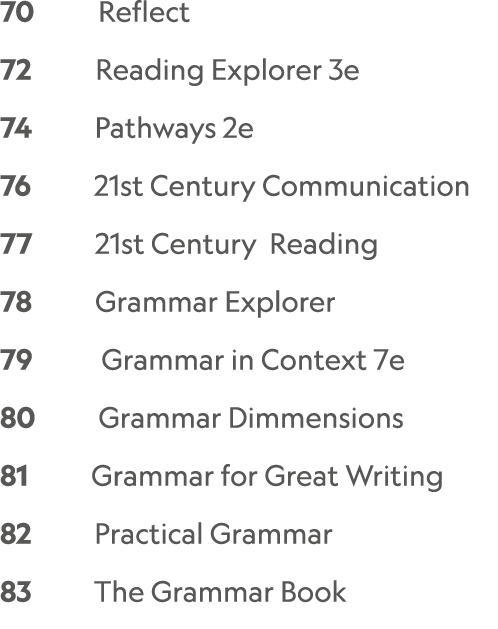 70     Reflect    72      Reading Explorer 3e 74     Pathways 2e 76     21st Century Communication 77     21st Centu...