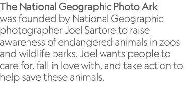 The National Geographic Photo Ark was founded by National Geographic photographer Joel Sartore to raise awareness of ...
