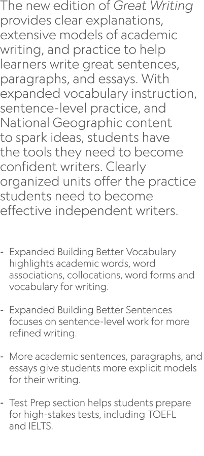 The new edition of Great Writing provides clear explanations, extensive models of academic writing, and practice to h...