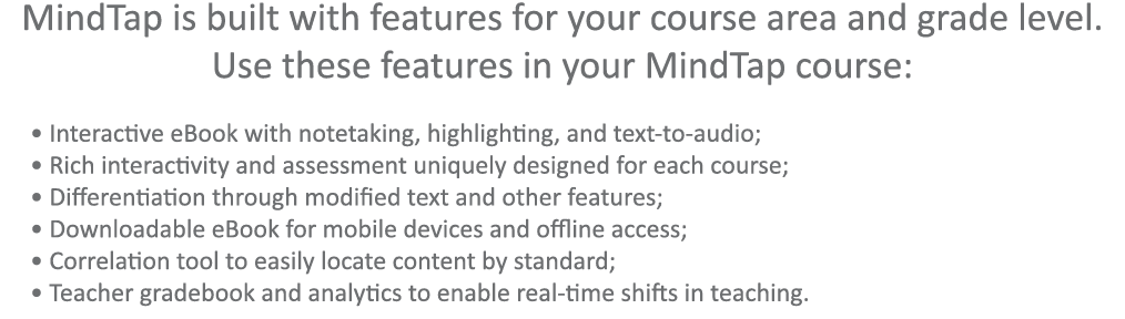 MindTap is built with features for your course area and grade level. Use these features in your MindTap course: • Int...