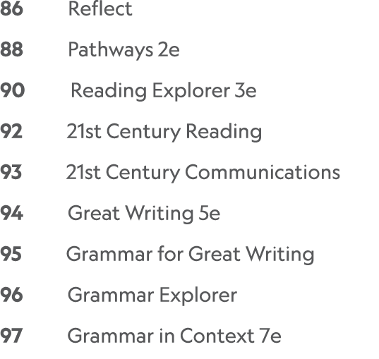 86     Reflect    88     Pathways 2e 90      Reading Explorer 3e 92     21st Century Reading 93     21st Century Comm   