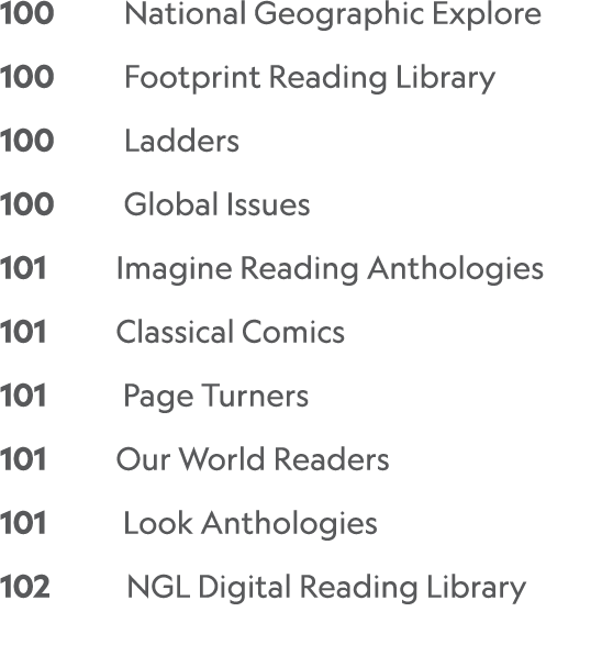 100     National Geographic Explore 100     Footprint Reading Library 100     Ladders 100     Global Issues 101     I   
